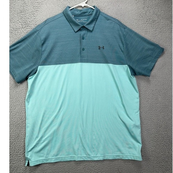 Under Armour Polo Shirt Mens 2XL HeatGear Teal Green Colorblock Loose Golf Rugby